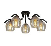 TEKLED® Ceiling 5 Arm Pendant Light | Amber Glass Black Semi-Flush Luminaire | 5xE27 Edison Screw Bulb Base | Home Industrial Modern Design Chandelier | For Bar Kitchen Dining Room Bedroom Coffee Shop