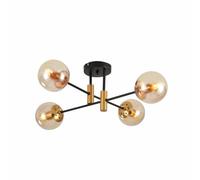 TEKLED Modern 4 Light Amber Glass Globe Sputnik Chandelier Gold and Black Metal Semi Flush Mount Close to Ceiling Light | E27 Bulb Base | for Kitchen Island Living Bedroom Hallway (Bulb not Included)