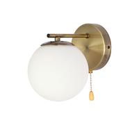 TEKLED myHome Opal Globe Glass Vintage Retro Stylish Wall Light with Pull Down Switch | E27 Fitting | for Bedrooms Living Rooms Hallways Cafes Bars Restaurants | Antique Brass (Bulb not Included)