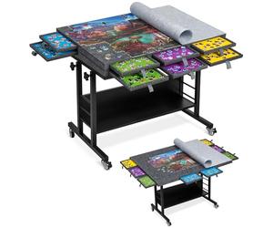 Tektalk 2000 Piece Foldable Felt Jigsaw Puzzle Board with Height Adjustment, Puzzle Table with 2 Felt Cover & 8 Sorting Trays/Drawers, Easel with Legs, Enclosed with 4 Roller Wheels - Dark Gray