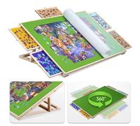 Tektalk Puzzle 2-in-1 Tilting & Rotating Board with 5 Colored Drawers, Portable Wooden Swivel Table for Adults