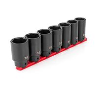 TEKTON 1/2 Inch Drive Deep 6-Point Axle Nut Impact Socket Set with Rail, 7-Piece (29-38 mm) | SID92101
