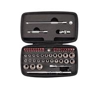 TEKTON 1/4 Inch Drive 12-Point Small Engine Shallow Socket, Bit and Flex Head Quick-Release Ratchet Set with Case (50-Piece) | SKT07908