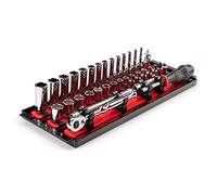 TEKTON 1/4 Inch Drive 12-Point Socket and Ratchet Set with Rails and Tray, 35-Piece (4-15 mm) | SKT03202