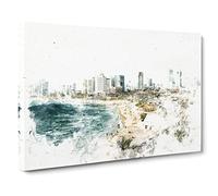 Tel Aviv Israel Skyline Watercolour Modern Canvas Wall Art Print Ready to Hang, Framed Picture for Living Room Bedroom Home Office Décor, 20x14 Inch (50x35 cm)