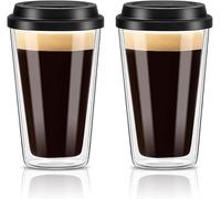 Tel Charme * 2 Pack 350ml Double Walled Insulated Iced Coffee Glass with Silicone Lids, Iced Coffee Cups, Espresso Cups, Tea, Latte, Coffee Glasses, Travel Mugs, Heat Resistant