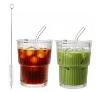 Tel Charme * 2 Pack 400ml Glass Tumbler with Lids, Straws & Straw Brush - Ribbed Iced Coffee Cups, Clear Leak Proof Glasses for Iced Latte, Matcha, Juice, Smoothies & Cold Drinks