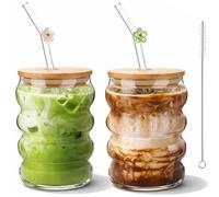 Tel Charme * 2 Pack 480ml Iced Coffee Glass Cups with Lids and Straws - Reusable Matcha Glass Cups for Smoothies, Juice, Beer & Cold Drinks