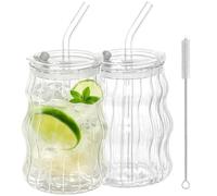 Tel Charme * 2-Pack 530ml Ribbed Glass Tumblers with Lids & Straws - Clear Wavy Iced Coffee Cups for Smoothies, Matcha & Cold Brew