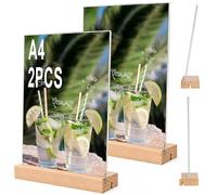 Tel Charme * 2 Pack A4 Acrylic Sign Holder with Wooden Base - Double-Sided Display Stand for Menus, Posters, Wedding & Restaurant - Clear Perspex Table Stand (A4, T-Shape)