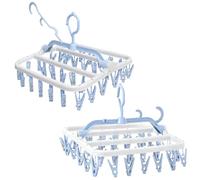 Tel Charme * 2 Pack Clothes Drying Racks with 32 Clips Foldable Clip Hangers Drip Hanger Plastic, Sock Dryer with Pegs for Washing Line, Wind-Proof Hook Underwear Hanger for Socks Bras, Blue