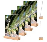 Tel Charme * 4 Pack A4 Acrylic Sign Holder with Wooden Base - Double-Sided Display Stand for Menus, Posters, Wedding & Restaurant - Clear Perspex Table Stand (A4, T-Shape)