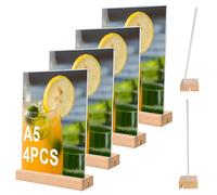 Tel Charme * 4 Pack A5 Acrylic Sign Holder with Wooden Base - Double-Sided Display Stand for Menus, Posters, Wedding & Restaurant - Clear Perspex Table Stand (A5, T-Shape)