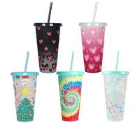 Tel Charme * 5 Unique Designs 24oz Color Changing Cups with Lids & Straws - Reusable Thermal Tumblers for Cold Drinks, Iced Coffee, Smoothie, Travel Mugs for Kids & Adults