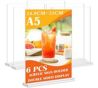 Tel Charme * 6 Pack A5 Acrylic Sign Holder with Base, Double Sided T-shaped Full Clear Acrylic Display Stand Poster Menu Holder, Table Signs Stand for Office Hotel Restaurant Exhibition Wedding