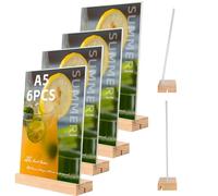 Tel Charme * 6 Pack A5 Acrylic Sign Holder with Wooden Base - Double-Sided Display Stand for Menus, Posters, Wedding & Restaurant - Clear Perspex Table Stand (A5, T-Shape)