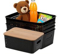Tel Charme * 6 Pack Plastic Storage Bin with Bamboo Lid, Stackable Decorative Storage Basket Box Containers for Organizing Shelves Desktop Office Bedroom Dorm Classroom, Black