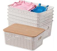 Tel Charme * 6 Pack Plastic Storage Bin with Bamboo Lid, Stackable Decorative Storage Basket Box Containers for Organizing Shelves Desktop Office Bedroom Dorm Classroom, White