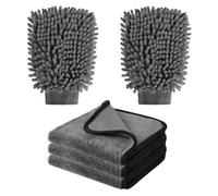 Tel Charme * Car Washing Kit with 3 Microfibre Cleaning Cloth 2 Microfiber Car Wash Mitts, Exterior Drying Towel and Cleaning Brush Mitt for Household, car Washing, Care, Drying
