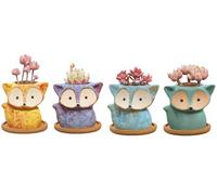 Tel Charme * Cute Ceramic Succulent Pots, Cactus Plants Pot, Small Plant Pots for Indoor Outdoor Plants with Bamboo Tray, and Great for Home Office Decor, Set of 4