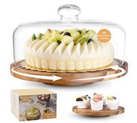 Tel Charme * Glass Rotating Cake Stand with Lid - 12" Acacia Wood Cake Plate with Dome, Cake Holder for Wedding, Birthdays, Kitchen, Party Display, Charcuterie Tray