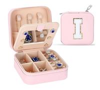 Tel Charme * Personalized Travel Jewelry Box with Mirror - Alphabet Jewellery Organiser, Bling Sparkly Rhinestone Design | Ideal Birthday, Valentine’s Day, Mother’s Day, Bridal Shower Gift (I)