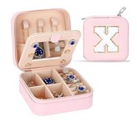 Tel Charme * Personalized Travel Jewelry Box with Mirror - Alphabet Jewellery Organiser, Bling Sparkly Rhinestone Design | Ideal Birthday, Valentine’s Day, Mother’s Day, Bridal Shower Gift (X)