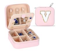 Tel Charme * Personalized Travel Jewelry Box with Mirror - Alphabet Jewellery Organiser, Bling Sparkly Rhinestone Design | Ideal Birthday, Valentine’s Day, Mother’s Day, Bridal Shower Gift (V)