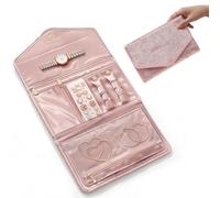 Tel Charme * Pink Travel Jewelry Organizer Roll - Foldable Jewelry Storage Case with Multiple Sections for Earrings, Rings, Necklaces & Bracelets, Portable Jewelry Pouch (Pink)