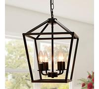 TELAFLY 4 Lights Lantern Pendant Light Modern Industrial Black Cage Farmhouse Chandelier, 12 Inch Rustic Metal Hanging Lighting Fixture for Dining Room Bedroom Foyer Entrance Porch