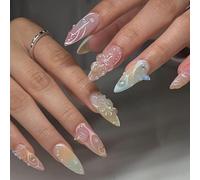 TELAIN 3D Flower Press-On Nails, Medium Almond False Nails with Ombre Design, 3D Butterflies and Pearls, Full Coverage Glossy Acrylic Nails, Stiletto Stick-On for Women Manicure, 24 Pieces