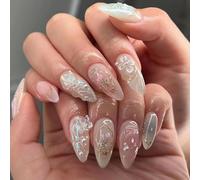 TELAIN 3D Handmade Press on Nails with Charms, Almond Shaped Artificial Nails, Cute French Nails with Butterfly, Flower, Bow, Pearls for Women, Acrylic Nails