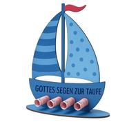 TELAIN Christening Gift Boys & Girls - Wooden Boat with Base, Blue, Warm Wishes for Baptism, Ideal for Money Gifts