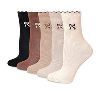 TELAIN Ladies Socks With Ruffles, Cute Crew Socks With Embroidery Bow, Breathable Cotton Blend, 5 Pack, Perfect As A Gift Idea
