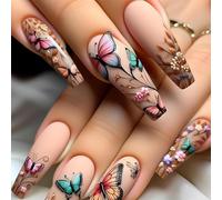 TELAIN Spring Butterfly Flower Press-on Nails Extra Long Ballerina False Nails Matte Square Acrylic Full Cover Plastic Glue Nails for Women Girls DIY Nail Design