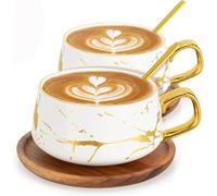 TELANKS 2 Pcs Tea Cup and Saucer Set, Porcelain Espresso Coffee Cup Set, with Saucer and Spoon, Ceramic Mugs for Home, Restaurants - White, 300 ml