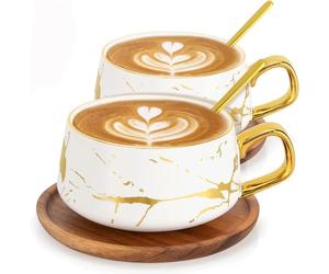 TELANKS 2 Pcs Tea Cup and Saucer Set, Porcelain Espresso Coffee Cup Set, with Saucer and Spoon, Ceramic Mugs for Home, Restaurants - White, 300 ml