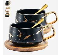 TELANKS 2 Pcs Tea Cup and Saucer Set, Porcelain Espresso Coffee Cup with Saucer and Spoon, Ceramic Mugs for Home and Restaurants, Valentines Mothers Birthday Christmas Gifts for Women Men Friend