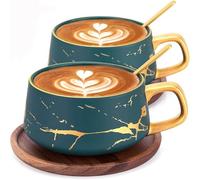 TELANKS 2 Pcs Tea Cup and Saucer Sets, Porcelain Espresso Coffee Mugs with Saucer and Spoon, Ceramic Mugs for Home and Restaurants, Valentines Mothers Birthday Christmas Gifts for Women Men Friend
