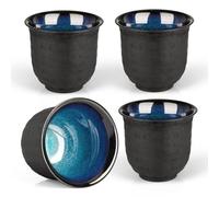 TELANKS Japanese Tea Cup Set of 4, 160ml Ceramic, Black with Purple Sand Texture, Buddhist Heart Sutra Pattern