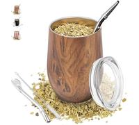 TELANKS Mate Mug Set, 340 ml Mate Tea Cup, Double Walled 18/8 Stainless Steel Includes Bombillas and a Cleaning Brush, Yerba Mate Mug (Wood)