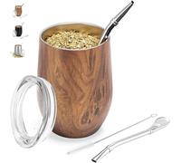 TELANKS Modern Mate Mug 340 ml, Yerba Mate Cup Set, Stainless Steel Double Wall Insulated Design, Mate Tea Cup with BPA Free Lid, Bombillas and a Cleaning Brush (Wood)