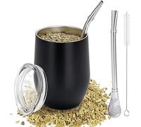 TELANKS Modern Mate Mug 340 ml, Yerba Mate Mug, Double-Walled 18/8 Stainless Steel, Mate Tea Cup with BPA-Free Lid, Straw (Bombillas) and a Cleaning Brush (Black)
