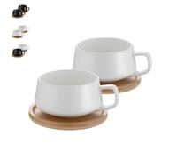 TELANKS Set of 2 Cappuccino Cups with Saucer, 300 ml Coffee Cups, Espresso Cups Made of Stoneware for Tea, Coffee, Cappuccino, Coffee Cups with Wooden Disc, White