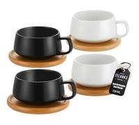 TELANKS Set of 4 Cappuccino Cups with Saucer, 300 ml Coffee Cups, Espresso Cups Made of Stoneware for Tea, Coffee, Cappuccino, Coffee Cups with Wooden Disc, Black and White