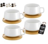 TELANKS Set of 4 Cappuccino Cups with Saucers, 300 ml Coffee Cups, Espresso Cups Made of Stoneware for Tea, Coffee, Cappuccino, Coffee Cups with Wooden Disc, White