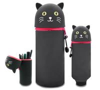TELAOBAN School Pencil Case 2 in 1 Soft Silicone, Table Pen Holder, Black, Cartoon