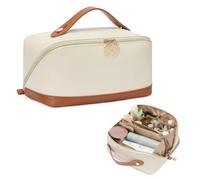 Telena Leather Make Up Bag Portable Travel Makeup Bag Waterproof Cosmetic Bags for Women Large Capacity With Handle and Divider Open Flat, 0-Beige with Brown, Stylish