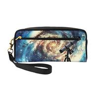 Telescope and Space Galaxy Printed Leather Makeup Bags with Wrist Strap Portable Travel Toiletry Bag Cosmetic Organizer Bag for Women