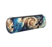 Telescope and Space Galaxy Printed Leather Pencil Case Cute Stationery Organizer Round Makeup Bag Pen Pouch, Silver Zipper